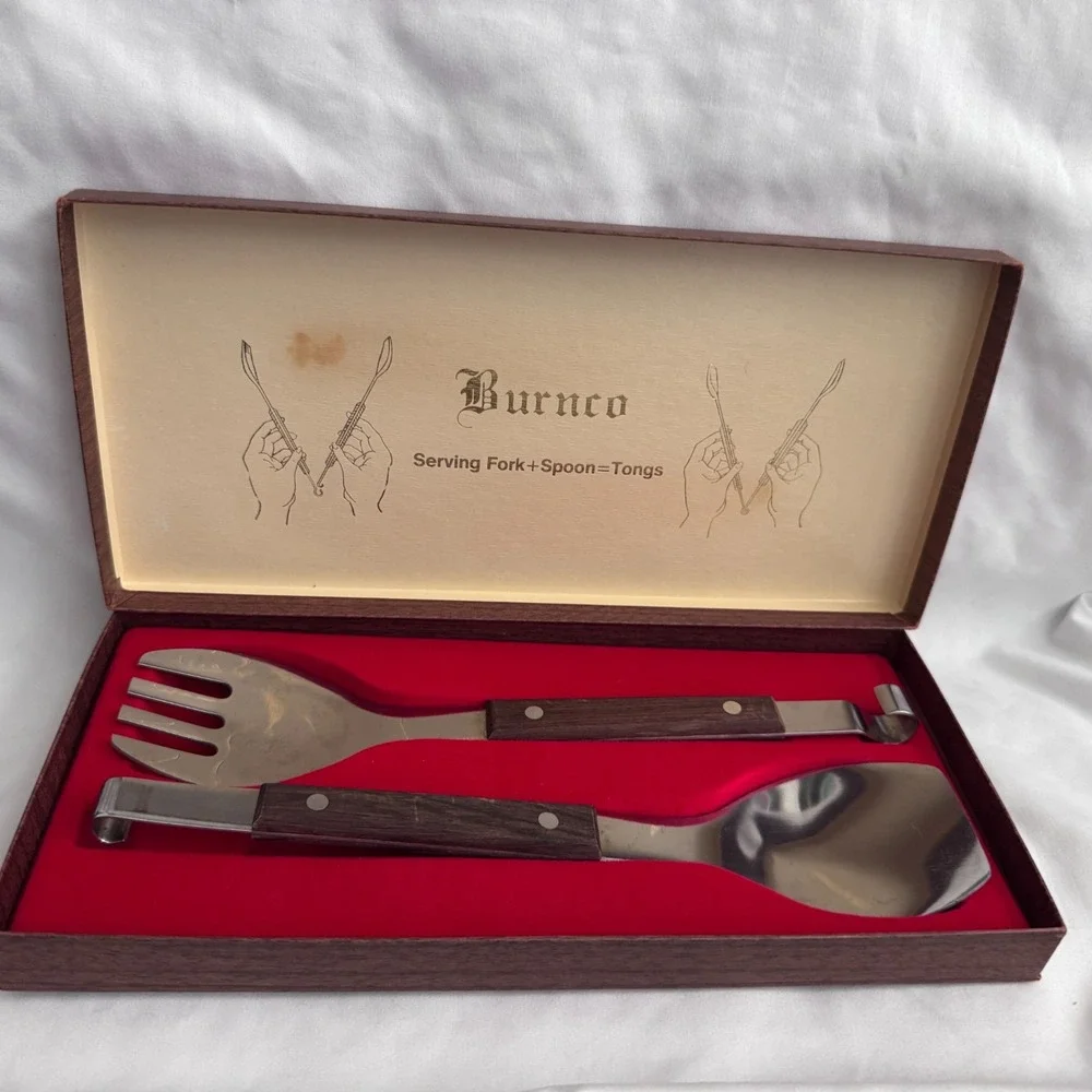 Vintage Burnco Serving Fork & Spoon = Tongs Stainless Steel Japan